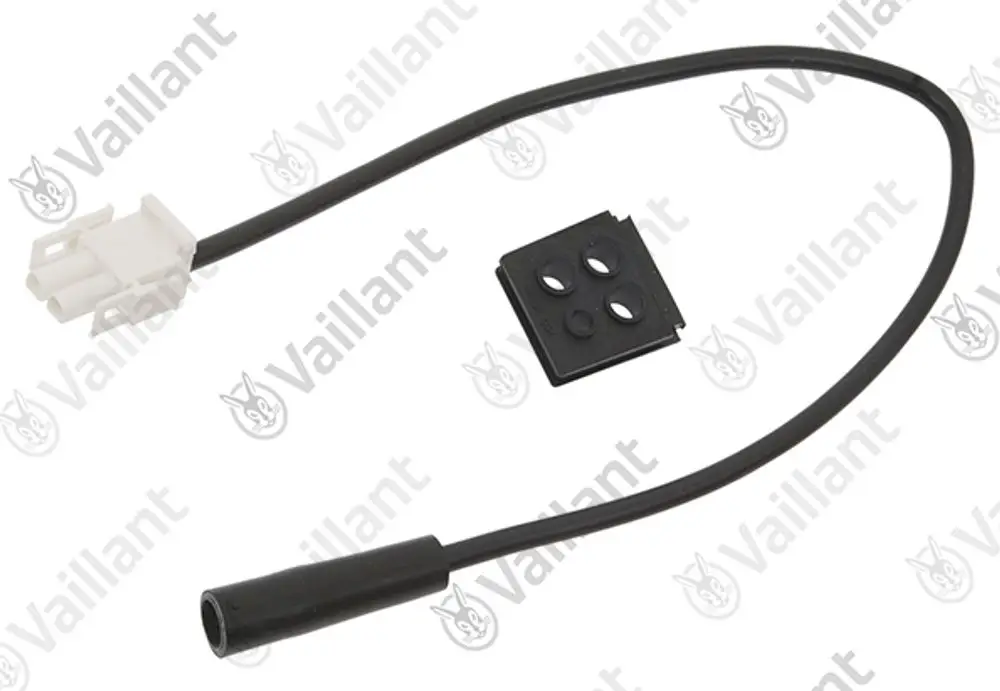 Vaillant Kabel mit einem weißen Stecker und einer schwarzen Anschlussbuchse, verbunden durch ein flexibles Kabel, auf grauem Hintergrund.